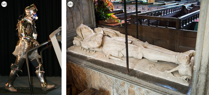 (Left) Fight interpreter on a treadmill wearing respirometry mask. Image: Graham Askew. (Right) Effigy of William Martyn (ca 1470-1480), whose armor served as the model for the replica used in this 2011 study. Image: Joy White.